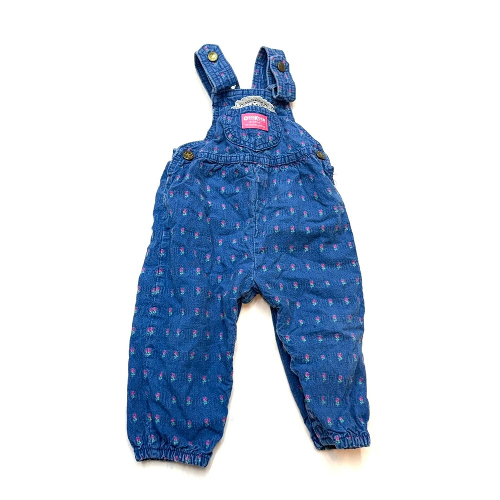 OSH KOSH B'GOSH 90s Vintage Girls 2T Blue Pink Floral Snap Close Overalls